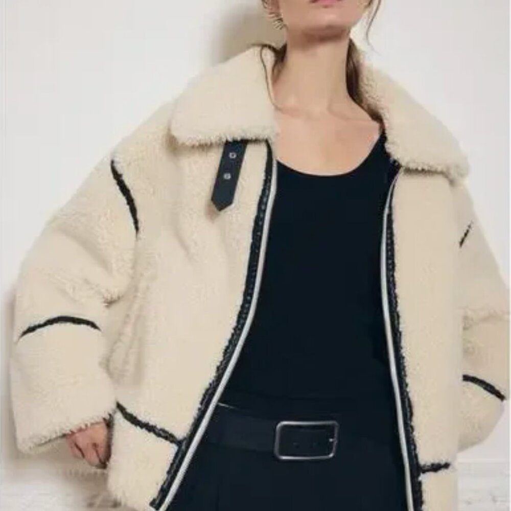 Zara Fleece Biker Jacket ZW Collection Ecru